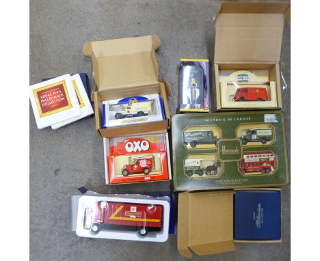 A Corgi Royal Mail Millennium Collection set, a Harrods Souvenir of London set, an Atlas Editions Nigel Mansell Williams Rena