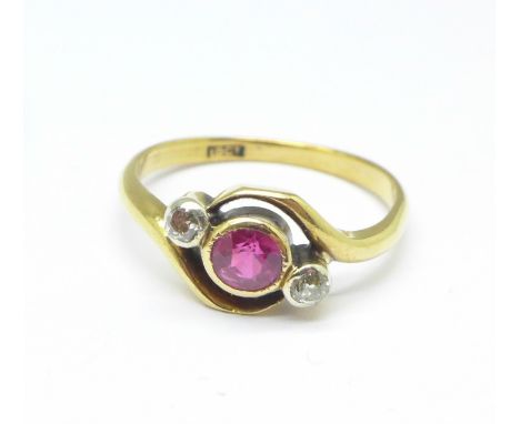 An 18ct gold, ruby and diamond ring, 2.6g, M