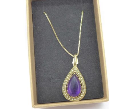 A 9ct gold, amethyst and pearl pendant and chain, 5.4g