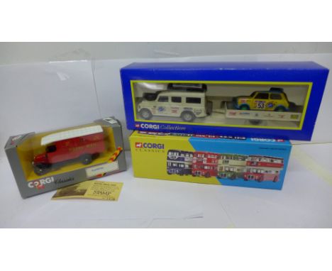 Corgi model vehicles; Landrover, Trailer and Mini Safari Rally, 33001 Routemasters Around Britain Set and Royal Mail Van