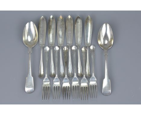 A set of twelve antique silver fish knives and forks together with two silver hallmarked spoons stamped 'JR'. Fork 17cm lengt