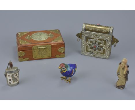 A Chinese 20th C. Jewellery box with brass fittings and jade decoration together with a cloisonne enamel figure of a bird, a 