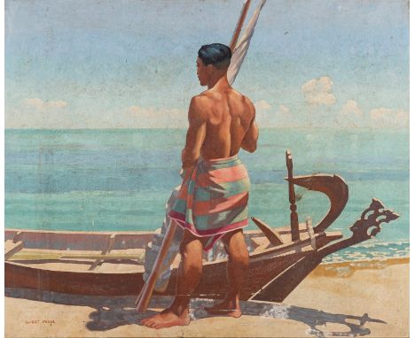 Rupert Pease (British 1906 - 1945) A fisherman with his boat looking out to sea Oil on canvas 75 x 90cm Signed lower left Rup