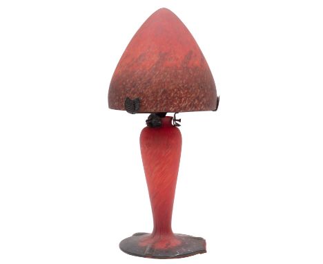 A coloured glass and metal mounted table lamp in Art Nouveau taste, by Art de France, second half 20th century; the ovoid sha