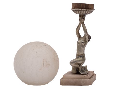 A Continental cold painted metal and alabaster mounted figural table lamp, in Art Deco style, circa 1930; the spherical crack