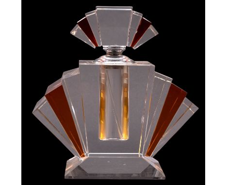 An Art Deco table scent bottle of clear and amber flashed fan-shaped form with chrome mounts, 22.5cm high.