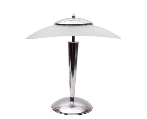 A chromium plated metal and glass table lamp, modern; with twin electrical fitments beneath an oval and domed opaque glass sh