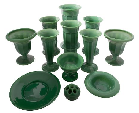 A group of Davidson pressed Jade glass, comprising four faceted cylinder jars, pattern no. 279, two trumpet vases, pattern no