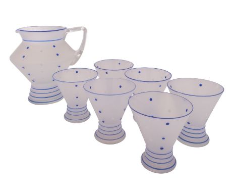 An Art Deco glass lemonade set, the frosted body with blue linear and spotted decoration, comprising a jug and six glasses.