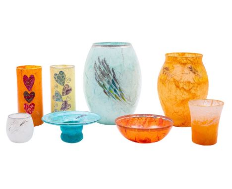 Margaret Johnson [Contemporary] six glass vases a bowl and a night light, of varying form each decorated with silk straw and 