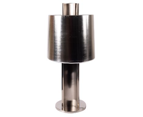 A large brushed steel lamp with cylindrical shade, of recent manufacture, by repute retailed by Heal's, the four curved panel