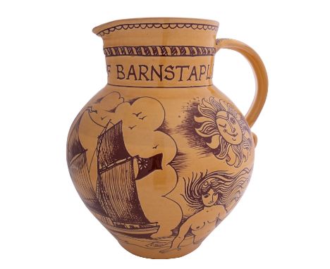 Harry Juniper [Contemporary] a slipware jug, 'The Result of Barnstaple' sgraffito decorated with a sailing vessel flanked by 