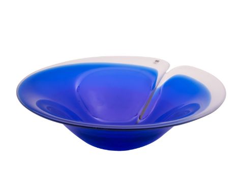 Mats Johanssen 'Blue Magic' bowl of circular notched form, the blue and clear body with frosted underside, embossed Mats Joha