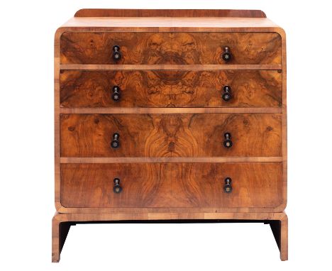 A walnut and burr walnut chest of drawers, in Art Deco style, circa 1930; with raised back, the front with four graduated dra