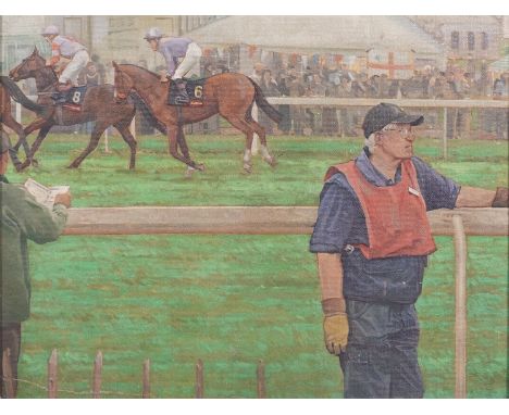 L. Brooksby (British, Contemporary)Victorian Peek and Screwdriver cantering down to the start of the Woodcote Stakes, Epsom, 