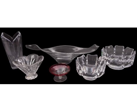 Two Orrefors glass Corona bowls after a design by Lars Hellsten together with an Orrefors glass Lotus vase, a Marquis Waterfo