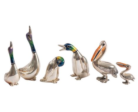 A set of six silver and enamel miniature birds, Saturno Italy, late 20th century, four Ducks and two Pelicans, stamped 925, 1