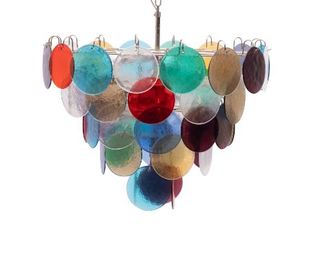 A silver metal Murano Space Age nine light electrolier, 20th century; with coloured glass plates; of adjustable height, appro