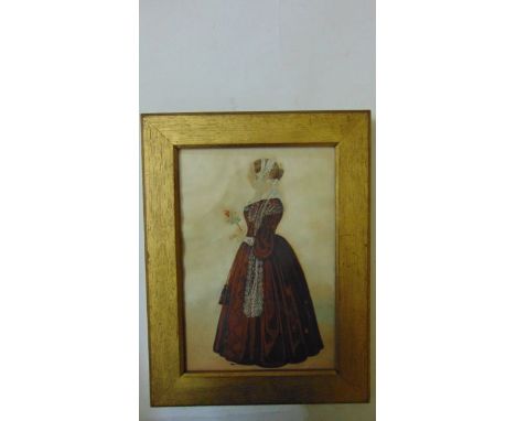 A mid 19th century watercolour portrait of a lady in maroon coloured dress and lace shawl clasping a floral bouquet, 25 cm x 