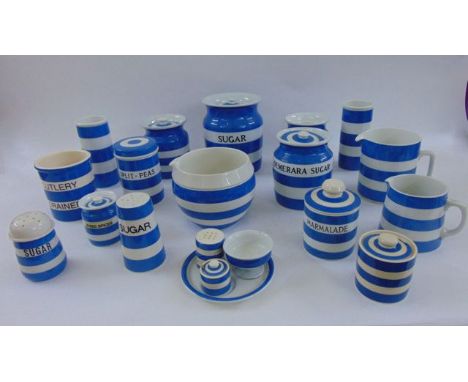 A collection of T G Green & Co blue and white banded Cornishware to include a large storage jar marked sugar, other storage j