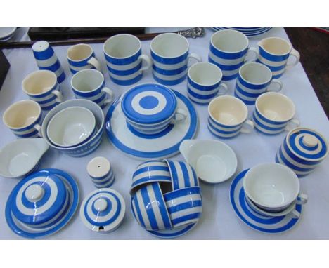 A collection of T G Green blue and white banded Cornishware comprising, in the main, large coffee mugs, small coffee mugs, te