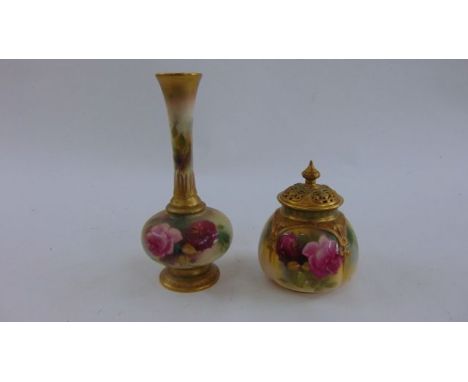 A Royal Worcester vase and cover with hand painted rosebud detail with pierced lid together with a Royal Worcester vase with 