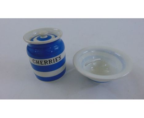 A small T G Green blue and white banded Cornishware storage jar and cover Cherries together with Green & Co egg separator