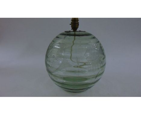 A Studio Glass vase of globular form etched with fish, weed, etc, later adapted as a lamp