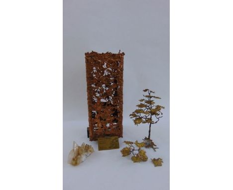 A metal sculpture of a tree by Ron Bertocchi together with a further bronze sculpture in copper of square cut form with pierc