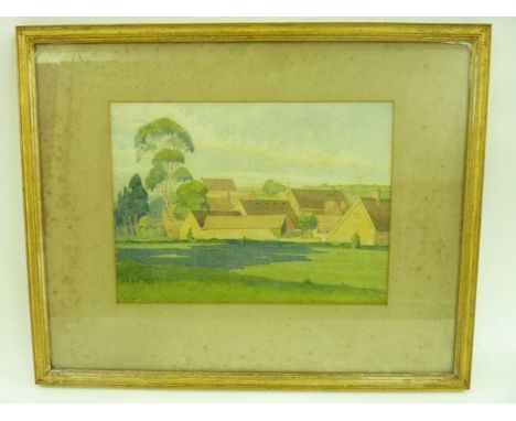Watercolour of Lower Farm, Taynton, Nr Burford, Oxfordshire by H C Light, showing a panoramic view of the farmstead from the 
