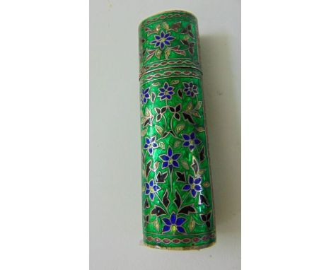 A Chinese silver oviform case and cover overlaid with green enamel, and further coloured detail 9cm