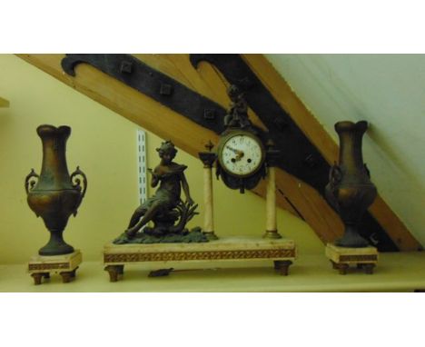 19th century continental clock garniture with marble frame works surmounted by gilt spelter mounts, girl amongst bullrushes r