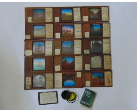 Fifteen coloured magic lantern slides by H W Taunt & Co, Oxford, including scenes of Merry England, Druids at Stonehenge and 