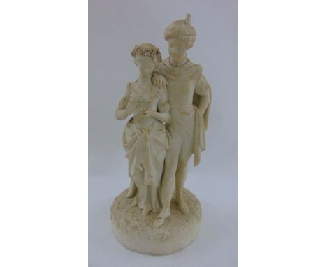 A Parianware group - romantic couple impressed to reverse W R Kirk, 33 cm high