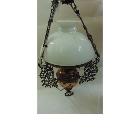 A quantity of silver plated flatware together with a large 19th century hanging oil lamp with embossed ceramic bodywork and c