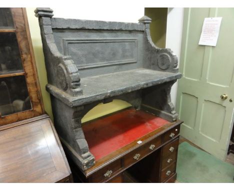 An unusual painted pine hall bench with shaped outline, the back with simulated stone/brickwork bridge and arch façade