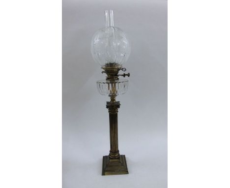 A late 19th century banqueting lamp with later decorated globe shade, the winder button marked Lee & Co