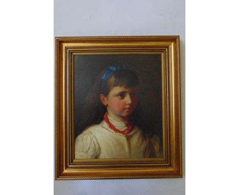 An oil painting on canvas, bust length portrait of a little girl with blue ribbon in her hair and wearing a coral necklace, 3