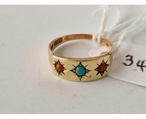 Antique Edwardian 15ct hallmarked coral and turquoise gypsy ring, 2.8g, size K