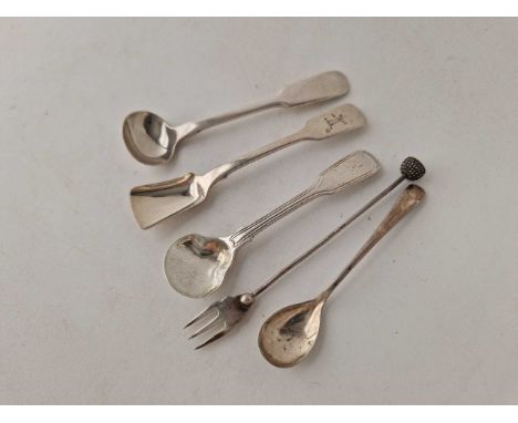 An early Victorian Irish salt shovel, Dublin 1855, three other salt spoons and pickle fork