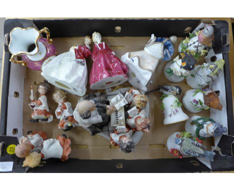 Three Royal Worcester figures, seven bird bells, three Neapolitan choir singers and a Capodimonte figure, some a/f  **PLEASE 