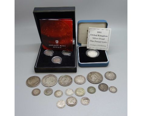 Silver coins including The Royal Mint 1995 UK silver proof £1 coin, The Three Faces of Queen Victoria 3d coin set and other V