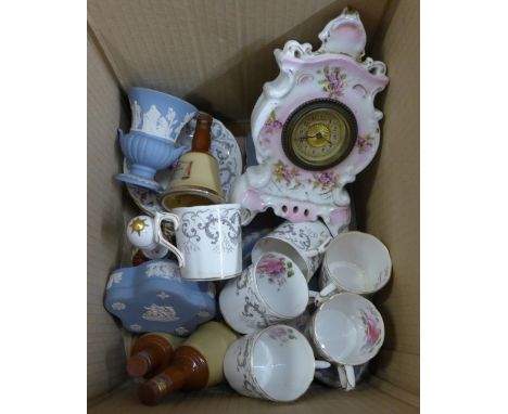 A collection of china, Royal Crown Derby coffee cans and saucers, Wedgwood Jasperware, ceramic clock and Abbeydale bell  **PL