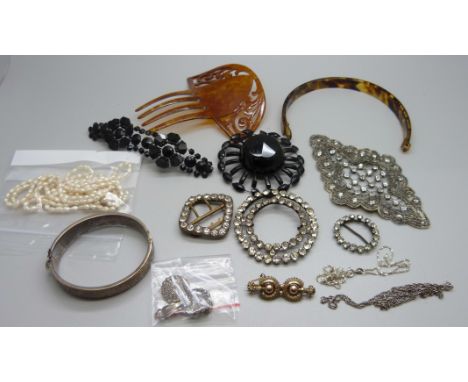 A silver bangle, a yellow metal bar brooch, a pair of silver earrings, a/f, a string of pearls with an 18ct gold clasp and a 