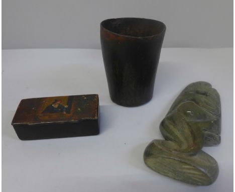 A horn beaker with initials to the base, papier mache snuff box and a hardstone carving 
