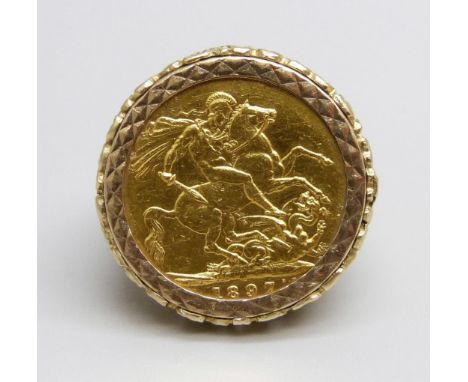 A Victorian 1897 full sovereign, Melbourne mint, in a 9ct gold ring mount, total weight 17.6g, R 