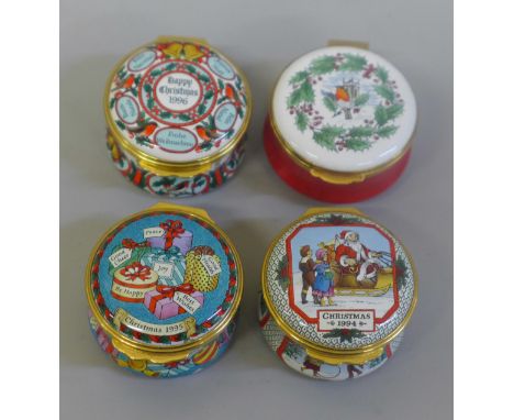 Three Halcyon Days and one Crummles &amp; Co enamel pill boxes 