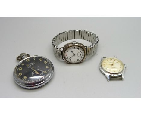 A silver cased wristwatch, a black dial military style pocket watch and an Ingersol wristwatch head 