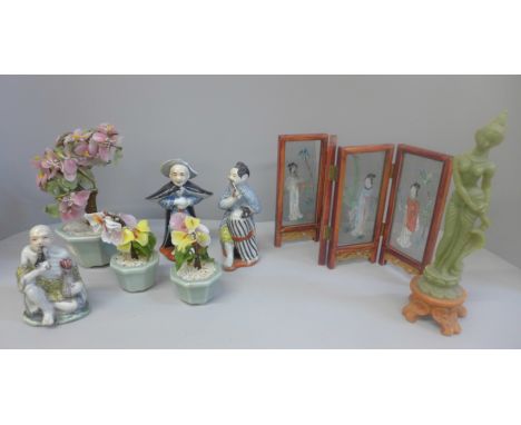 Oriental items; four figures, one a/f, three jade trees and a screen 