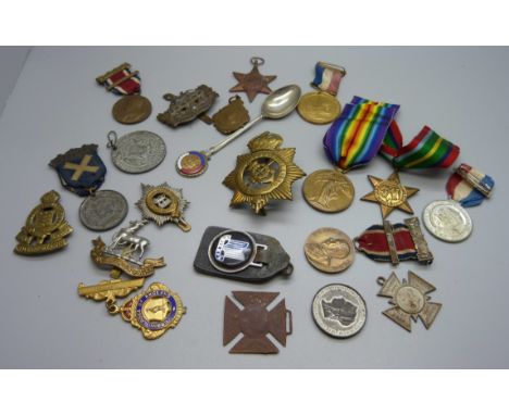 A collection of medals, medallions, badges, etc., including a WWI Victory medal marked ''406060 Pte. A Marshall, L'Pool R., (